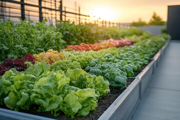 Vibrant rooftop garden showcasing diverse rows of fresh, leafy green vegetables under a beautiful sunset, promoting urban farming.