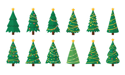 Set of Christmas Trees. Various Decorated and Undecorated Pine and Fir Trees with Lights, Garlands, and Star Toppers for Holiday Design.