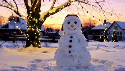 Snowman in a snowy yard at sunset with illuminated tree and suburban houses - Powered by Adobe
