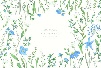 Floral bakground or wallpaper with blue wild flowers. Botanical foliage for wedding invitation or wall art. Vector illustration