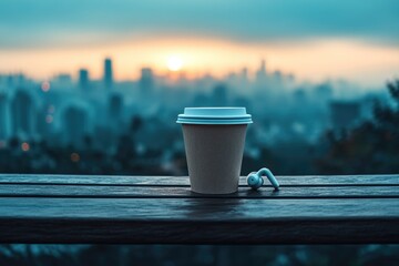 Coffee cup and earbud on a wooden surface, overlooking a serene, blurred city skyline at sunrise or sunset.