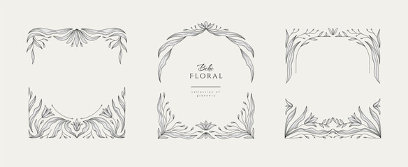 Retro floral frame or cover. Botanic design elements in wavy and naive style. Boho leaves branches and blooming print for poster, social media and packaging or greeting card