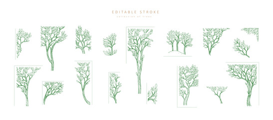 Set of illustration of tree as corners and decorations elements. Luxury elegant design elements for wedding invitation, brochure or save the date card. Editable stroke