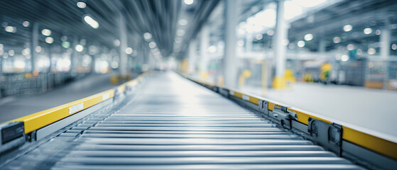 Industrial conveyor system stretching into distance in a large manufacturing warehouse setting