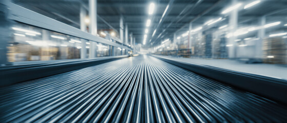 Conveyor belt in a bright warehouse with packages and shelves blurred in the distance view point