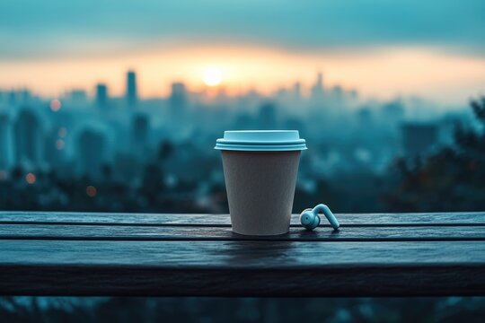 Coffee cup and earbud on a wooden surface, overlooking a serene, blurred city skyline at sunrise or sunset.