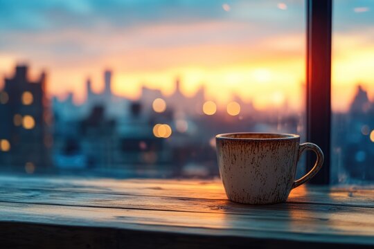 A rustic coffee mug sits on a wooden sill, overlooking a blurry city skyline bathed in warm sunrise or sunset hues.