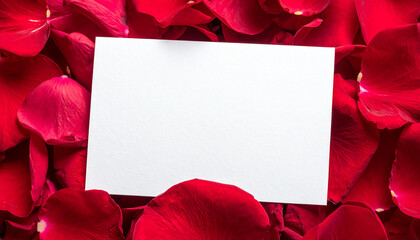 Elegant flat lay with lush red rose petals and blank card, Love message. Valentine Day concept. Mock-up