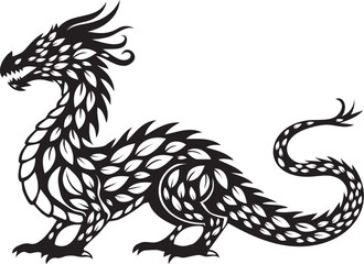 Black dragon silhouette with leaf pattern on white background Keywords: dragon, silhouette