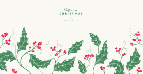Christmas greeting card with holly plants and berries. Traditional New year decorations. Holiday invitation with hand drawn botanical engraving design
