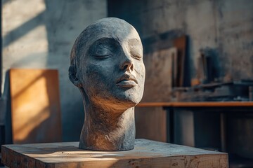 A textured, contemplative head sculpture with closed eyes, crafted from earthy material, rests on a wooden workbench in an artist's studio, bathed in sunlight.