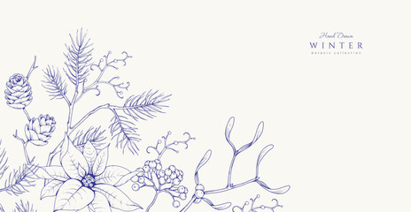 Christmas greeting illustration with winter plants and traditional New year decorations. Holiday card or invitation with hand drawn botanical engraving design
