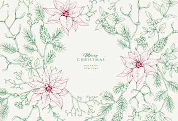 Christmas greeting illustration with winter plants and traditional New year decorations. Holiday card or invitation with hand drawn botanical engraving design