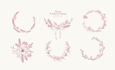 Christmas greeting wreaths, frame and vignettes with winter plants and traditional New year decorations for holiday card or invitation. Botanical set with engraving design