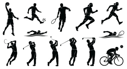 Obraz premium Black silhouettes of various sports activities against a white background in a vector graphic style