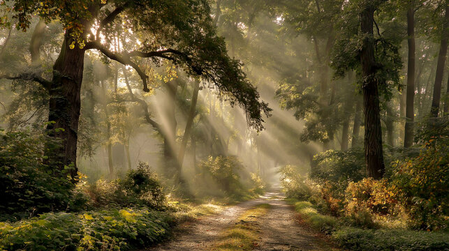 forest pathway with morning mist