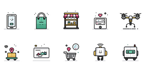 Collection of modern technology and commerce icons representing online shopping and delivery services