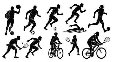 Silhouettes of people playing various sports including basketball soccer and tennis on a white background