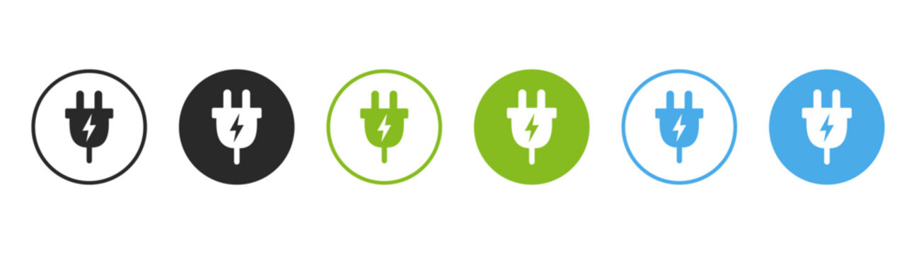 Electric plug and power outlet icon set with cable, electricity, energy, and connection symbols on transparent background