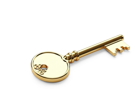 A golden key with a decorative keyhole on a png transparent.