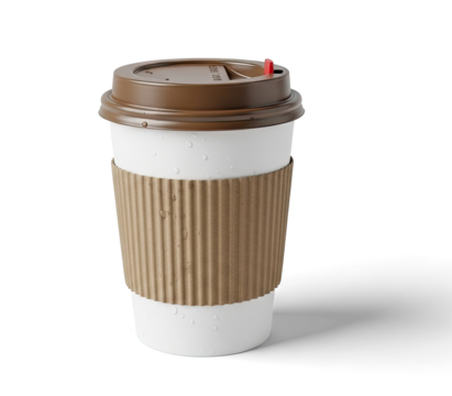 A white coffee cup with a brown lid and a brown sleeve on a white background. - Powered by Adobe