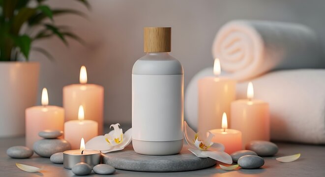 Serene spa setting with candle lit ambiance and skincare bottle