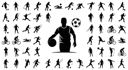 Silhouette illustrations of various sports activities and sports equipment in black and white