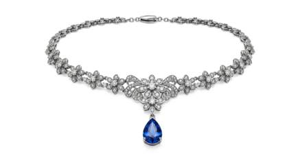 A luxurious diamond necklace with a large blue sapphire pendant.