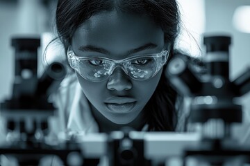A focused young scientist, wearing safety goggles, intently examines a specimen under a microscope in a laboratory setting.