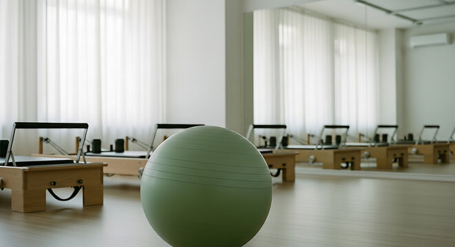 Green exercise ball in a pilates studio with reformers and natural light, creating a clean and serene fitness environment - Powered by Adobe