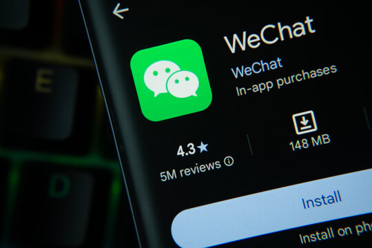 Dhaka, Bangladesh- 27 July 2025: wechat app from Google Playstore is displayed on a smartphone screen.