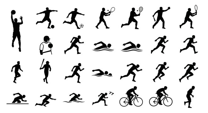 A collection of various sports silhouettes including running swimming and ball sports on a white background - Powered by Adobe