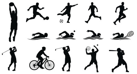 Silhouettes of various sports activities including ball games swimming and cycling on a white background
