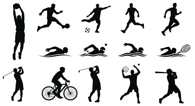Silhouettes of various sports activities including ball games swimming and cycling on a white background