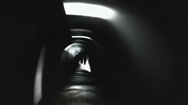Abstract Monochrome Urban Tunnel: Light and Shadow Play in Modern Geometric Interior Architecture with Eerie Mood and Surreal Depth Perception