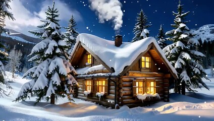 Snowy log cabin in a pine forest at night with warm glowing windows and chimney smoke - Powered by Adobe