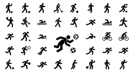 Naklejka premium A collection of black silhouette icons depicting various sports and activities on a white background