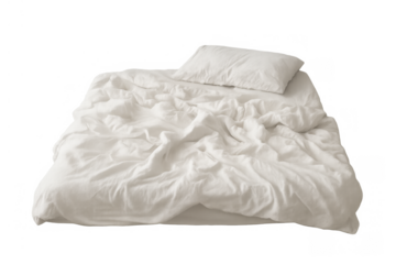 White unmade bed with rumpled sheets and pillow on transparent background showing morning laziness and comfort