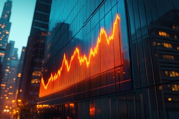 Bright orange line graph on a modern skyscraper illustrates market growth and financial trends in a bustling city, symbolizing economic prosperity.