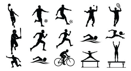 A collection of black silhouette illustrations depicting various sports and athletic activities on a white background