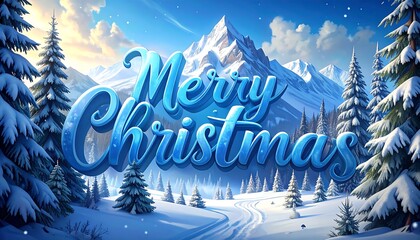 A digital illustration depicts a snowy mountain landscape with evergreen trees and a bright blue sky. The words ?Merry Christmas? are prominently displayed