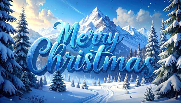 A digital illustration depicts a snowy mountain landscape with evergreen trees and a bright blue sky. The words ?Merry Christmas? are prominently displayed