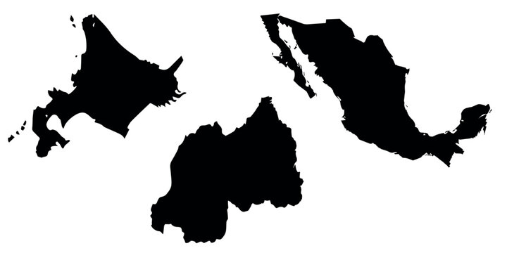 Mexico, hokkaido, rwanda map outlines Vector