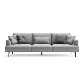 A minimalist gray sofa with black legs and a white background.