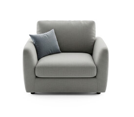 Fototapeta premium A gray armchair with a blue pillow on a white background.