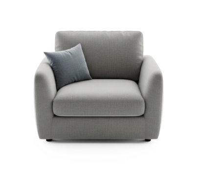A gray armchair with a blue pillow on a white background.