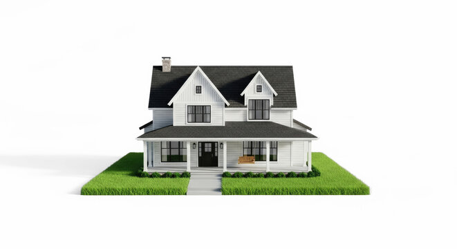 A white house with a black roof and green lawn, set against a white background.