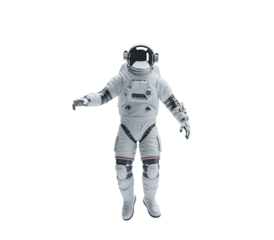 A astronaut in a white space suit with a helmet on, standing in front of a white background.