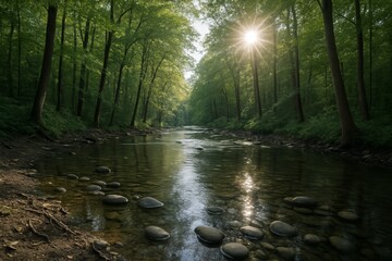 Fototapeta premium Tranquil forest river landscape with sun rays streaming through green canopy in peaceful nature concept setting during early morning calm light. Ai generative