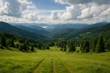 Fototapeta premium Lush green mountain valley landscape with forested hills under a cloudy sky, depicting a peaceful natural environment concept. Ai generative